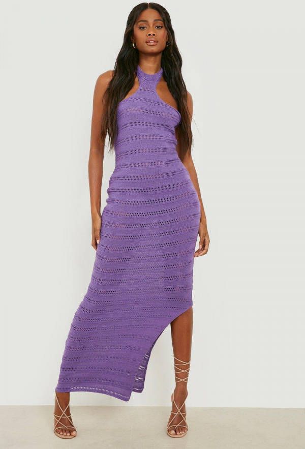 boohoo Gehaakte Gebreide Halter Maxi Jurk, Purple