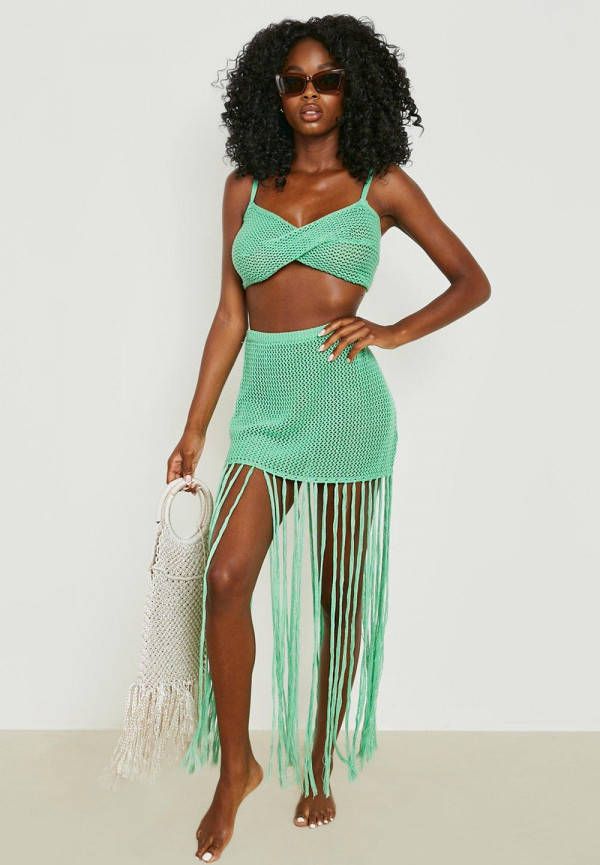 boohoo Gehaakte Gedraaide Set Met Hemdje En Gerafelde Mini Rok, Light Green