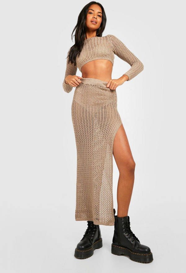 boohoo Gehaakte Maxi Set Met Zijsplit, Taupe