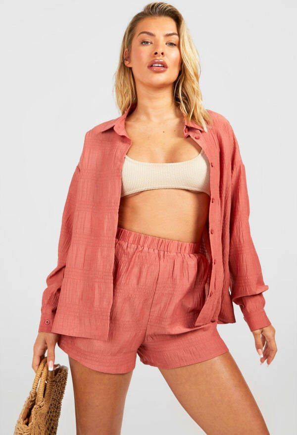 boohoo Gekreukeld Geplooid Overhemd En Shorts Strand Set, Mocha