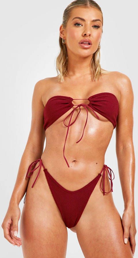 boohoo Gekreukelde Bandeau Bikini Set Met Zijstrikjes, Plum
