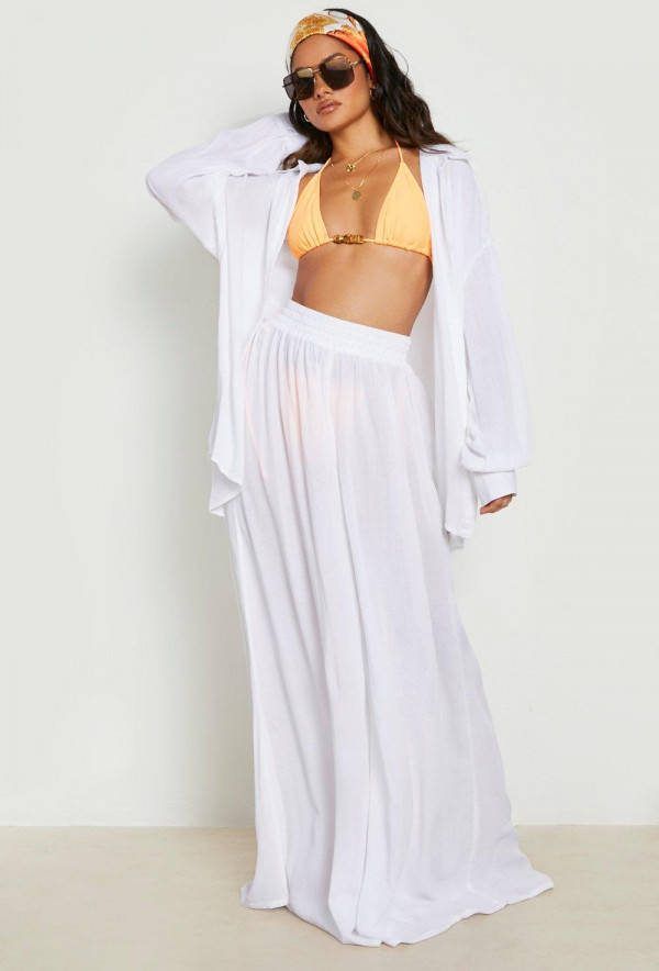 boohoo Gekreukelde Duurzame Wide Leg Strand Broek, White
