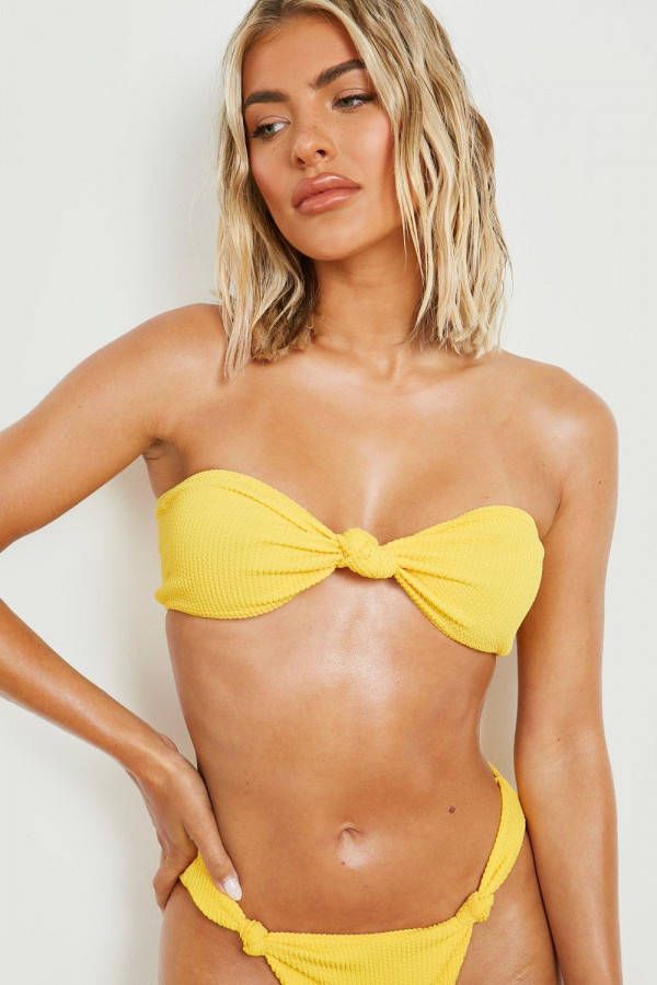 boohoo Gekreukelde Geknoopte Bandeau Bikini Top, Yellow