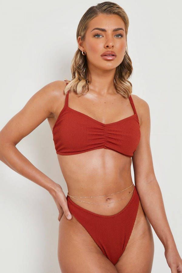 boohoo Gekreukelde High Waist Bikini Set Met Geplooide Bandjes, Mocha