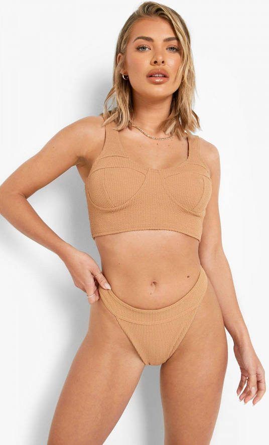 boohoo Gekreukelde Long Line Bikini Top, Mocha