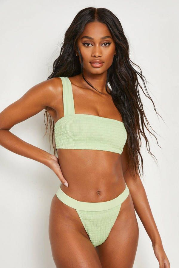 boohoo Geplooid High Waist Tanga Bikini Broekje, Green