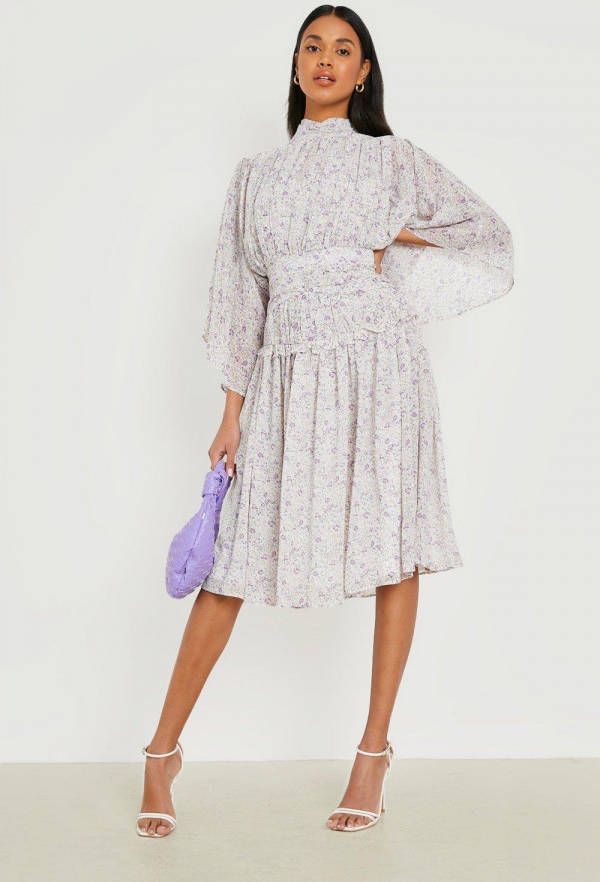 boohoo Geplooide Bloemen Midi Jurk Met Hoge Hals, White