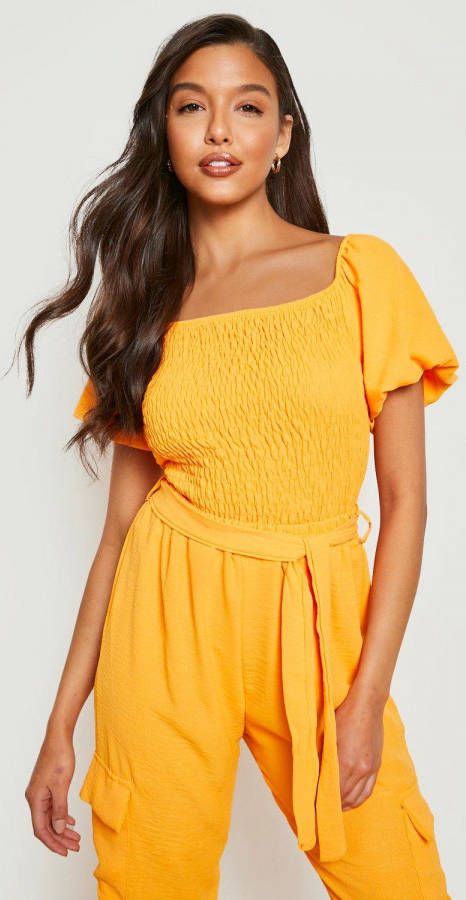 boohoo Geplooide Crop Top Met Textuur En Volle Mouwen, Orange