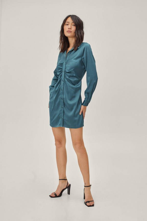 boohoo Geplooide Satijnen Mini Blouse Jurk, Teal