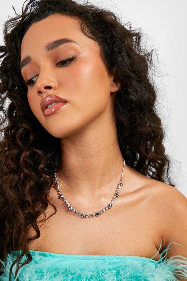 boohoo Gepolijste Hartjes Ketting Met Steentjes, Silver