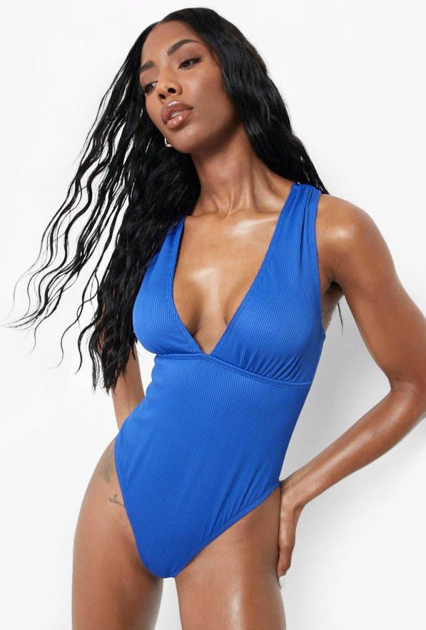 boohoo Gerecycled Geribbeld Badpak Met Geplooide Bandjes En Laag Decolleté,, Pacific Blue
