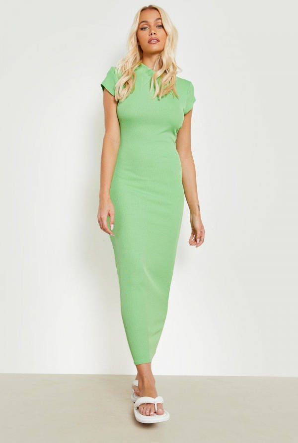 boohoo Geribbelde Midaxi Jurk Met Kapmouwen, Bright Green