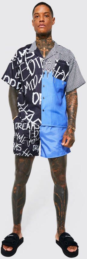 boohoo Gesplitst Boxy Graffiti Slub Overhemd En Zwembroek Set, Purple