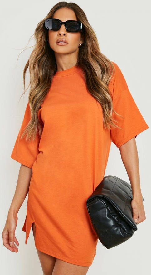 boohoo Gesplitste T Shirtjurk Met Ronde Hals En Driekwartsmouwen, Orange