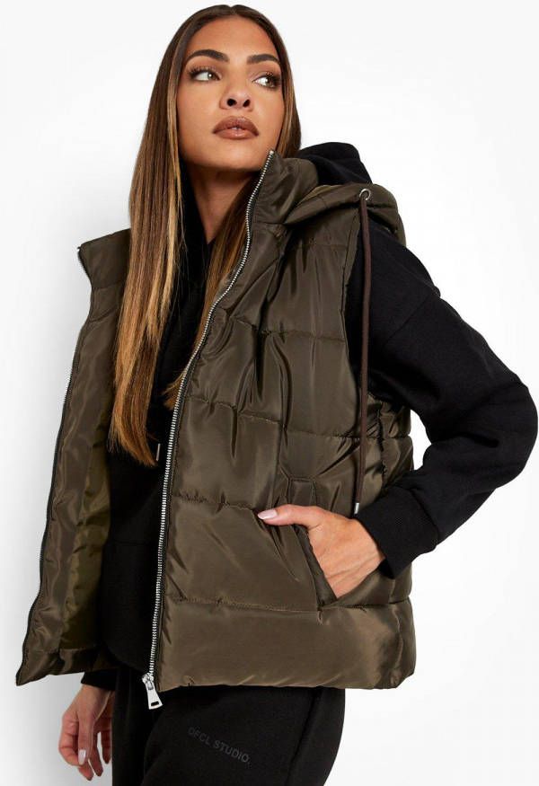 boohoo Gewatteerde Bodywarmer Met Capuchon, Khaki