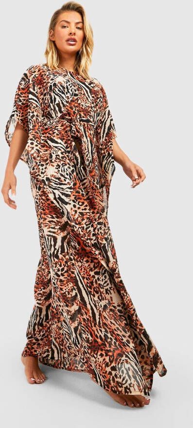 boohoo Geweven Maxi Strand Kaftan Met Print En Ceintuur, Brown