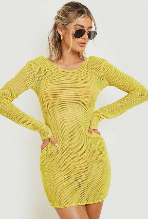 boohoo Glanzende Fishnet Mini Strand Jurk Met Open Rug, Gold