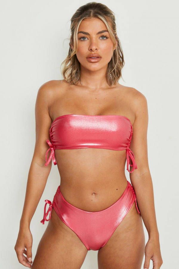 boohoo Glimmende Geplooide High Waist Bandeau Bikini Set, Pink