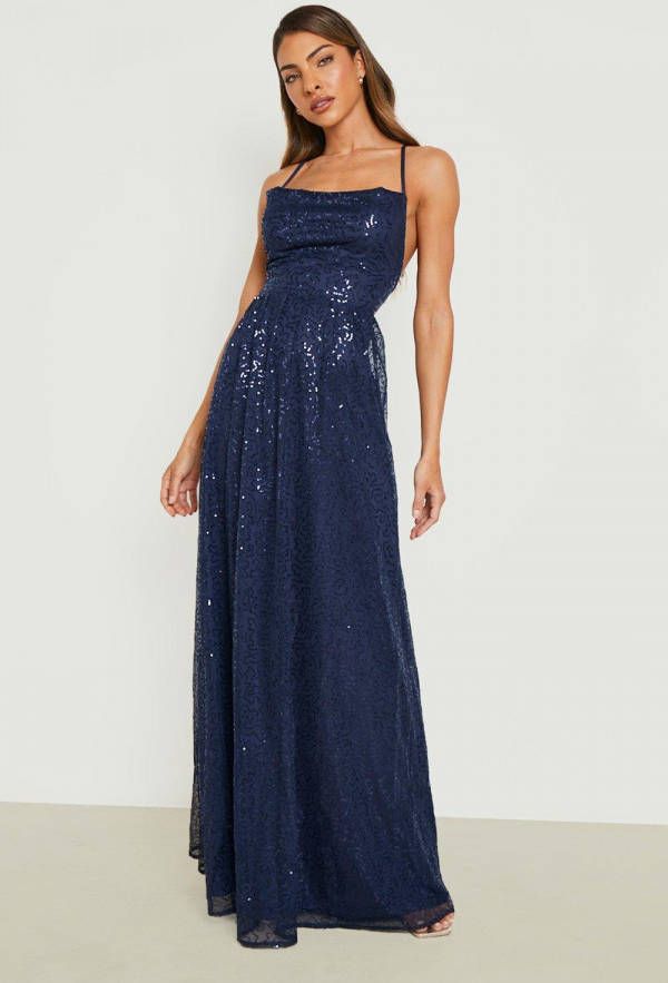 boohoo Glitter Maxi Jurk Met Pailletten, Bandjes En Losse Col, Navy
