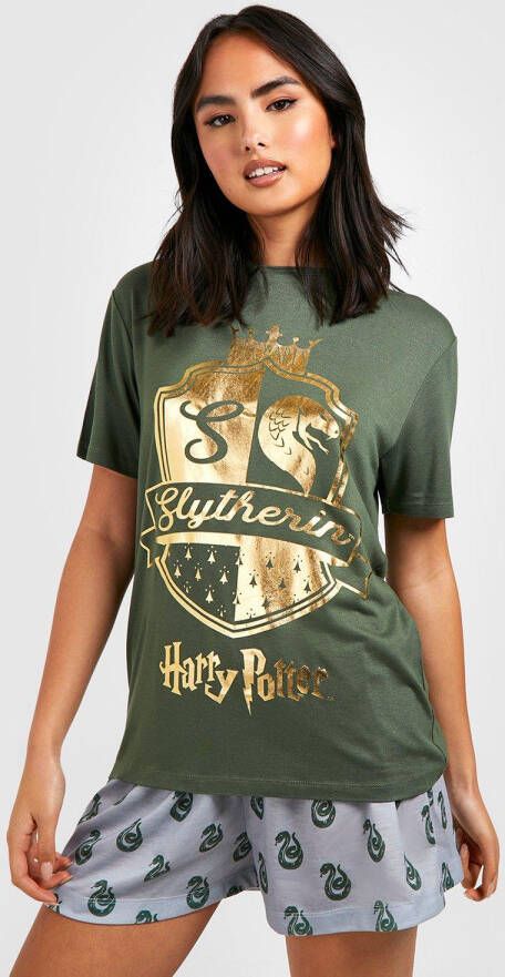 boohoo Harry Potter Zwadderich Pyjama Set Met Shorts, Green