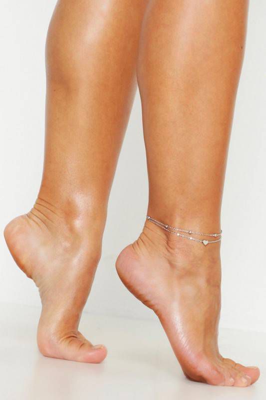 boohoo Dubbel Enkelkettinkje Met Hartjes, Zilver