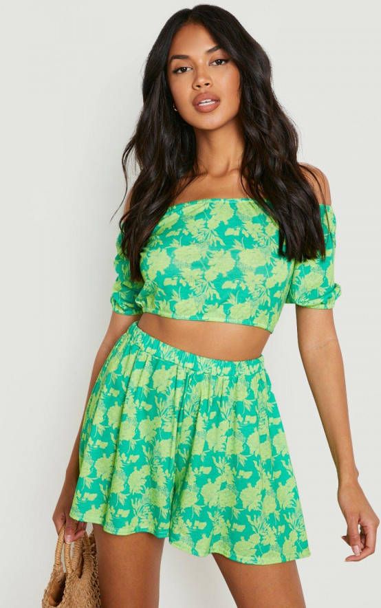 boohoo Jersey Bloemen Off Shoulder Crop Top En Losse Shorts, Lime