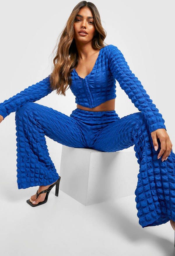 boohoo Jersey Bolletjes Crop Top Met Haakjes En Flared Broek, Cobalt