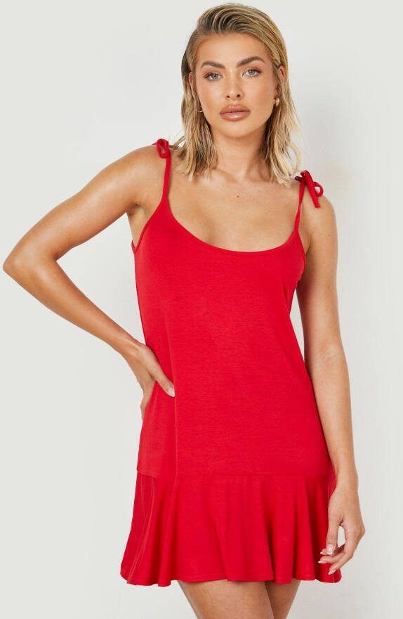 boohoo Jersey Swing Strand Jurk Met Bandjes, Red