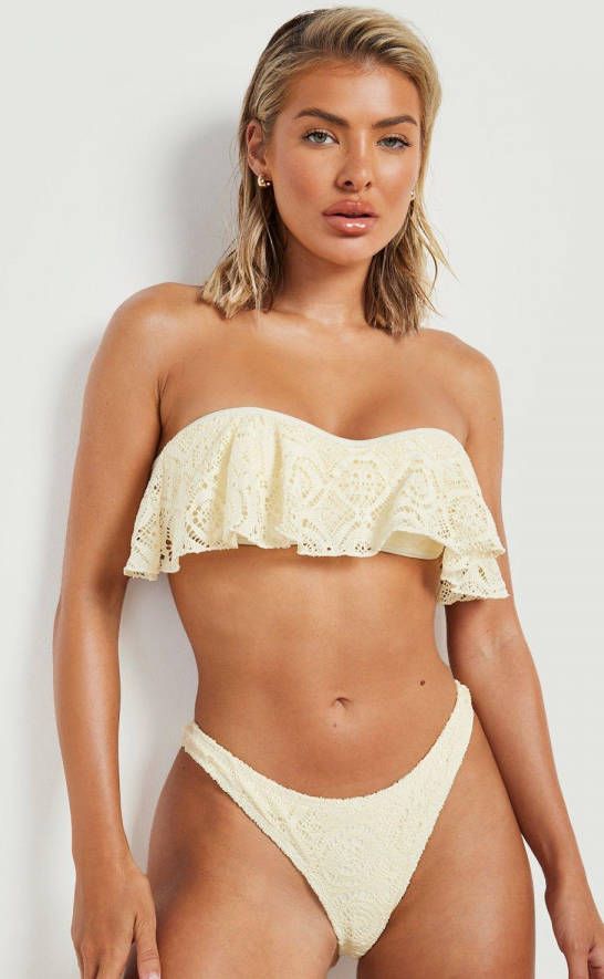 boohoo Kanten Bandeau Bikini Top Met Franjes En Gevormde Cups, Lemon