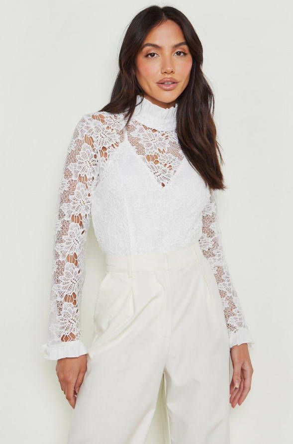 boohoo Kanten One Piece Met Hoge Hals En Lange Mouwen, White