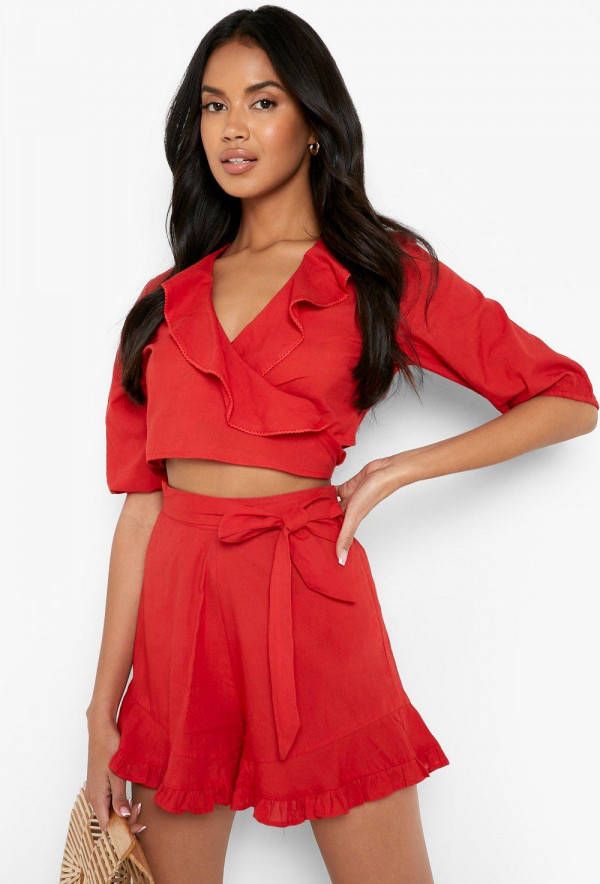 boohoo Katoenen Crop Top En Shorts Met Franjes, Red
