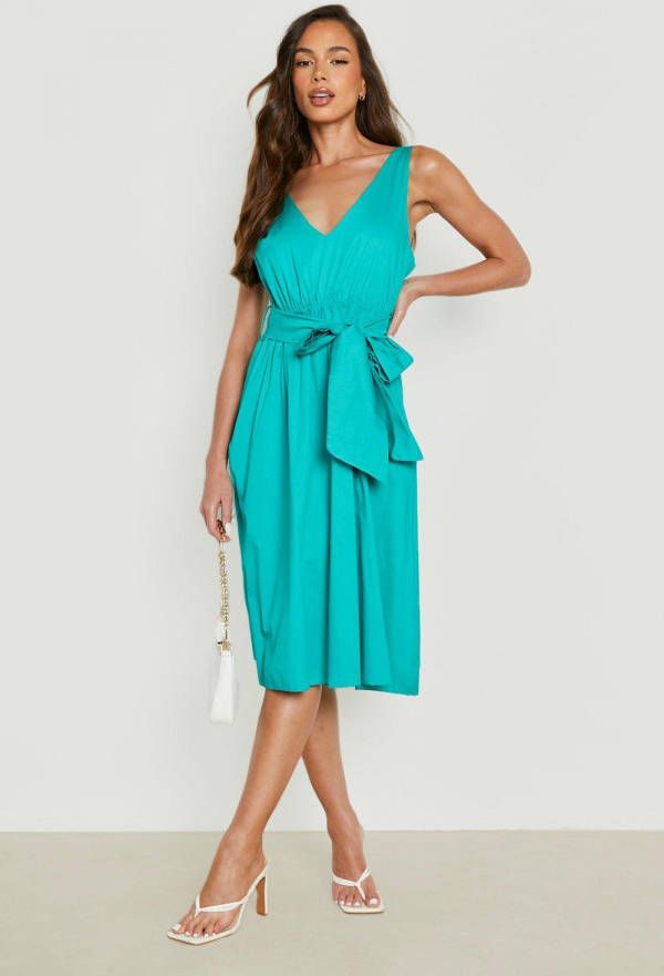 boohoo Katoenen Midi Zonnejurk Met Ceintuur En Strik, Teal