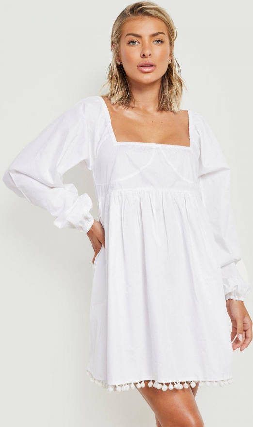 boohoo Katoenen Swing Strand Jurk Met Vierkante Hals En Pompoms, White