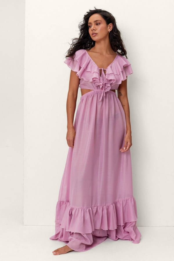boohoo Katoenen Voile Cover Up Maxi Jurk Met Ruches, Mauve