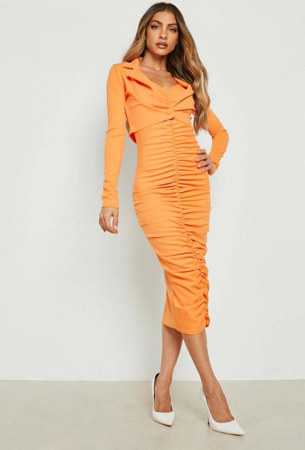 boohoo Korte Blazer En Geplooide Midi Jurk, Orange