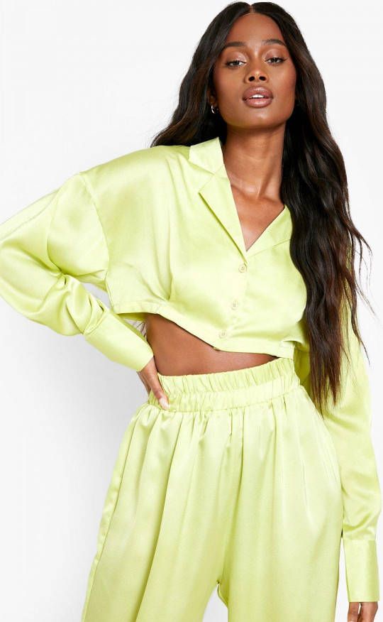 boohoo Korte Satijnen Strand Blouse, Lime