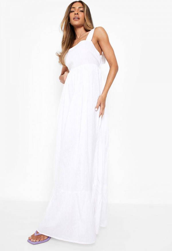 boohoo Linnen Maxi Jurk Met Rug Strik En Bandjes, White