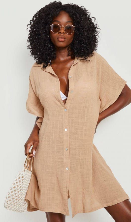 boohoo Linnen Strand Kaftan Blouse Met Knopen En Vleermuismouwen, Sand