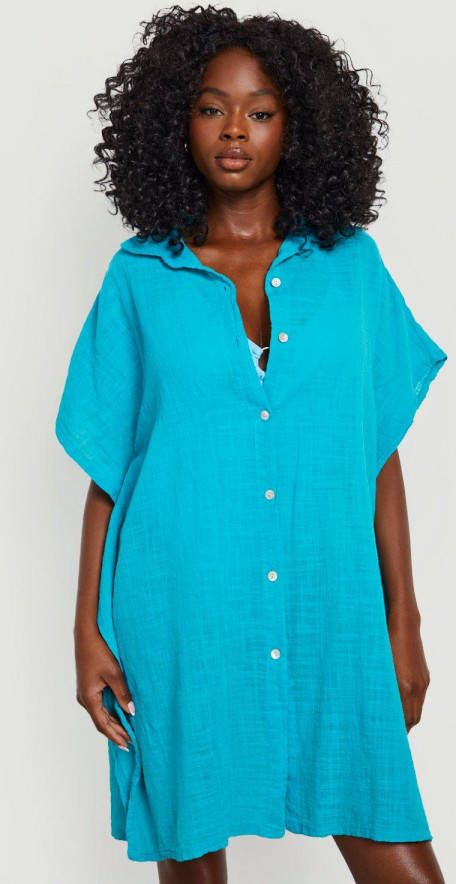 boohoo Linnen Strand Kaftan Blouse Met Knopen En Vleermuismouwen, Turquoise