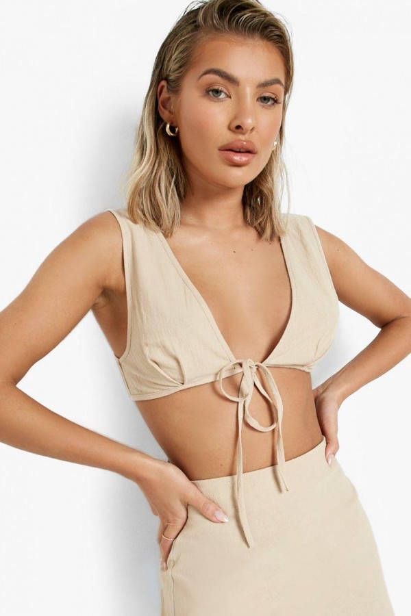 boohoo Linnen Strand Set Met Bralette En Strik, Stone
