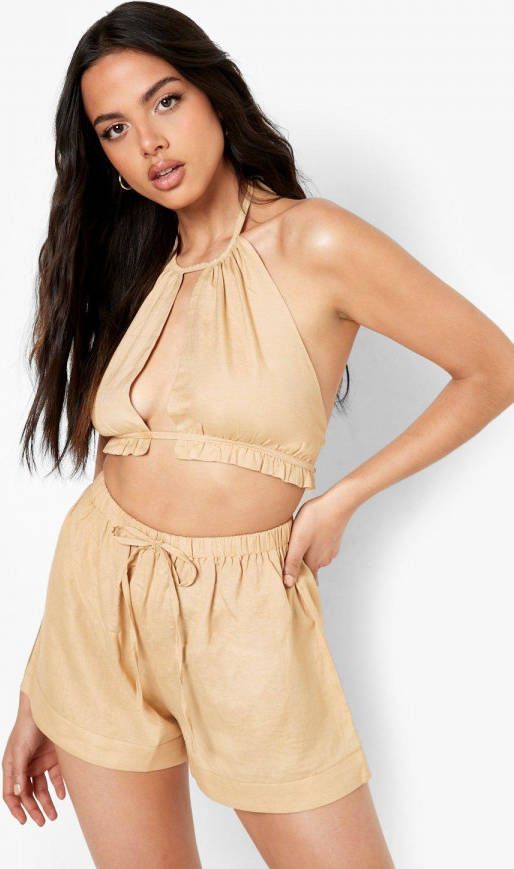 boohoo Linnen Strand Set Met Halter Top En Shorts, Sand