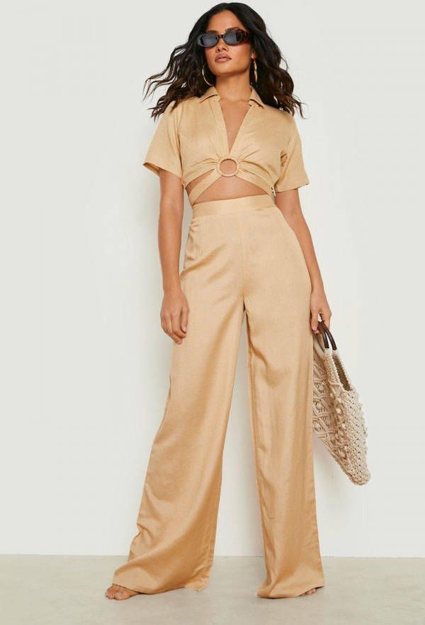 boohoo Linnen Wide Leg Strand Broek, Sand
