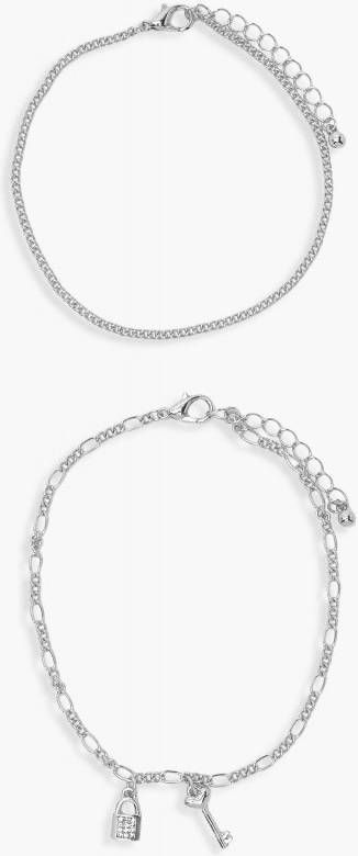boohoo Sleutel En Slot Enkelkettinkjes(2 Stuks ), Silver