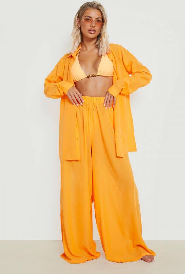 boohoo Losse Chiffon Wide Leg Strand Broek, Orange