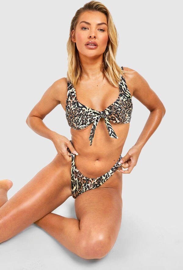boohoo Luipaardprint Bikini Top Met Strik En Laag Decolleté,, Brown