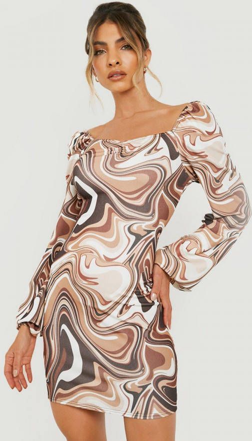 boohoo Marmerprint Mini Jurk Met Pofmouwen, Chocolate