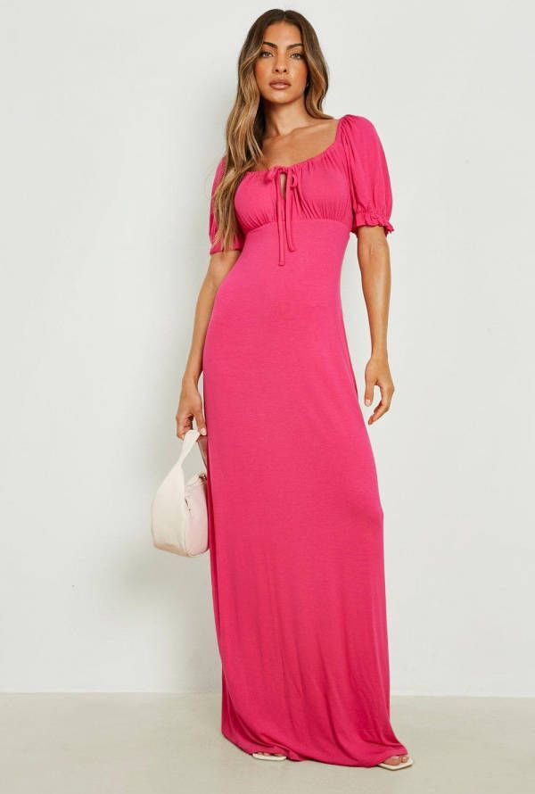 boohoo Maxi Jurk Met Pofmouwen En Strik, Hot Pink
