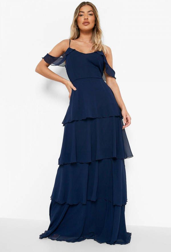 boohoo Maxi Jurk Met Uitgesneden Schouders En Laagjes, Navy