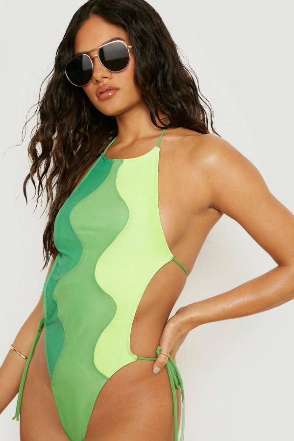 boohoo Mesh Cut Out Contour Badpak Met Zijstrikjes, Lime