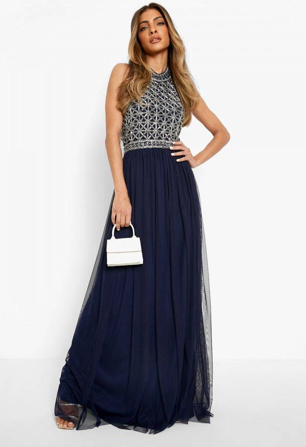 boohoo Met De Hand Versierde Bruidsmeisjes Maxi Jurk Met Halter Neck, Navy